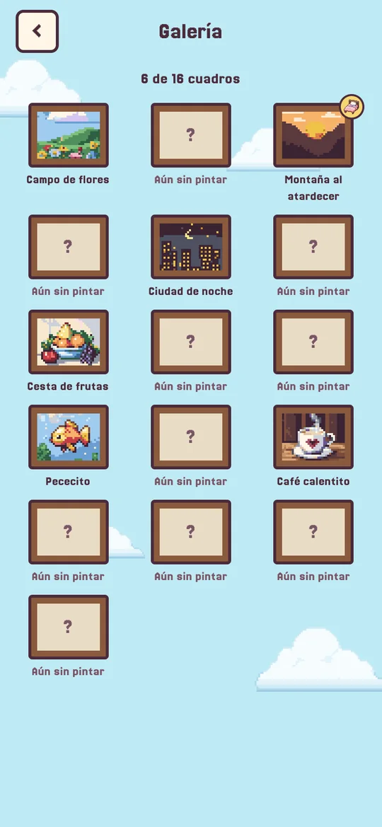 Pantalla de la Galería con cuadros terminados.