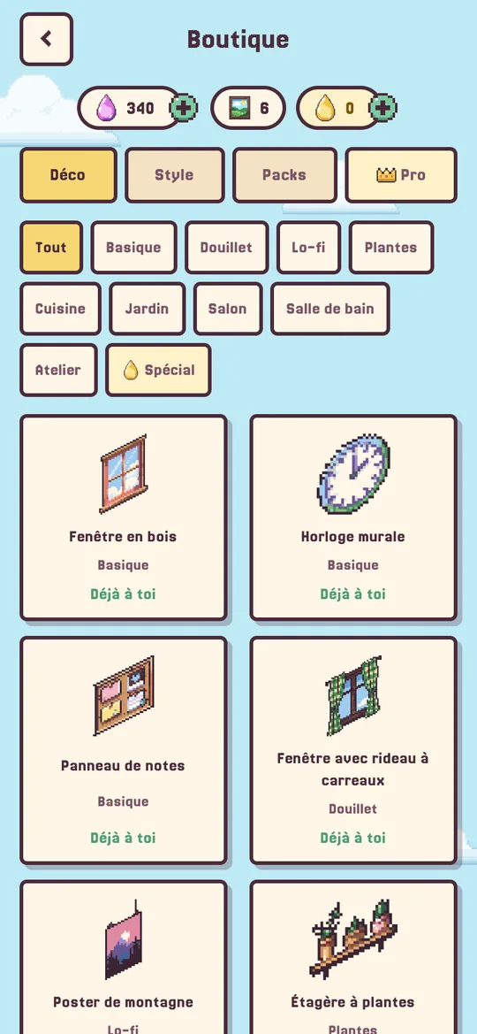 Écran de la Boutique avec des décorations.